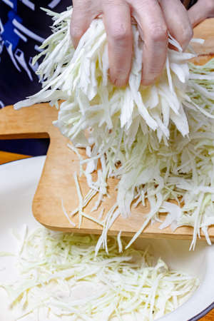Woman hand shifts shredded white cabbage from wooden cutting board in metal bowlの写真素材