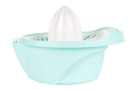 Ready to use plastic manual juicer isolated on white background. Side viewの写真素材