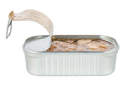Side view of open rectangular tin can with natural cod liver isolated on white background. Cut out...