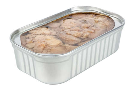 Open rectangular tin can without lid with natural cod liver isolated on white background. Cut out product packaging image without shadow and reflectionの写真素材
