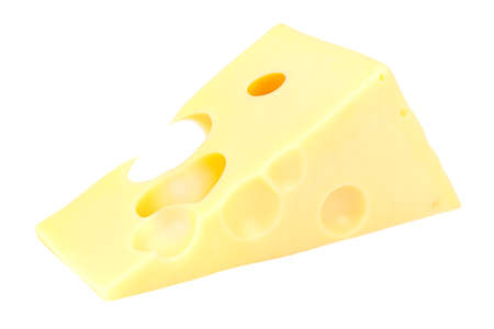 Lying triangular piece of Maasdam cheese isolated on a white backgroundの写真素材