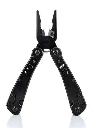 Open pliers of black multi tool knife isolated on white background with reflection on glossy...