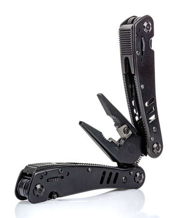 Open pliers of black multi tool knife isolated on white background with reflection on glossy...