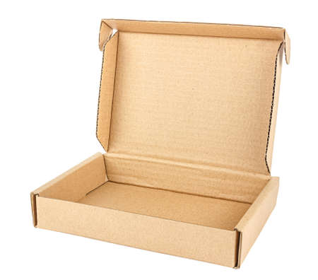 Empty flat brown carton box with open lid isolated on white background
