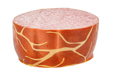 Lying piece of smoked sausage in striped brown shell isolated on white background
