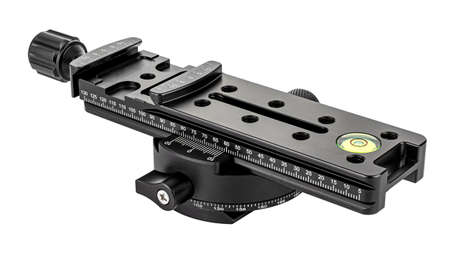 Nodal slide rail with rotary panoramic tripod head isolated on white background. Panoramic shooting...