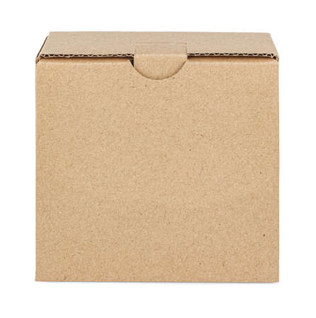Standing flat square brown cardboard box with closed lid isolated on white background