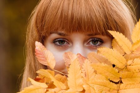 Beautiful young woman - a colorful autumn portraitの写真素材