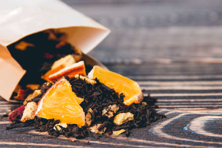 Dry Tea on Wooden Background. Healthcare, Food and Drink Conceptの写真素材