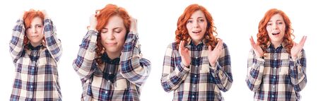 Woman with Head Ache Holding her Head. Isolated over White Background. Collage.