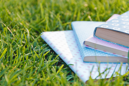 Stack of Books on the Green Fresh Grass. Education Concept