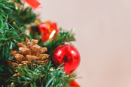 Christmas Happy New Year Fir Tree Background on White Wooden Backdrop. Merry Christmas and Happy New Year Conceptの写真素材
