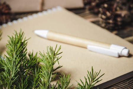 view of notebook in the center of cute Christmas decoration, cones, fir tree branchの写真素材