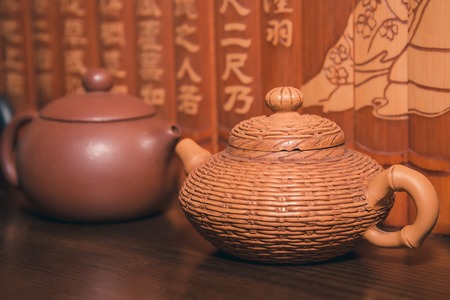 Closeup set of China tea on bamboo mat. tea ceremonyの写真素材