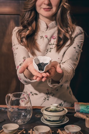 Chinese tea ceremony is performed by tea masterの写真素材