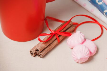 Hot chocolate drink with marshmallow, beze, cinamon