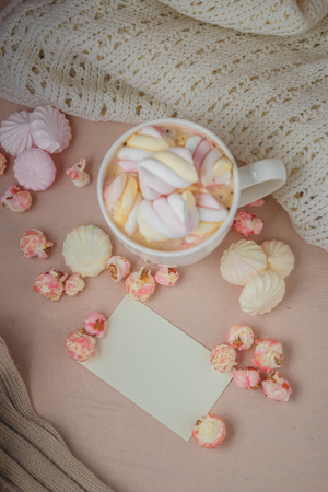 Good morning with hot chocolate on wooden tableの写真素材
