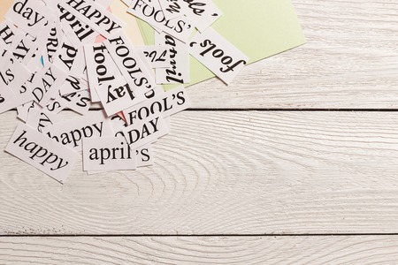 printed words Happy April Fools Day on wooden backgroundの写真素材