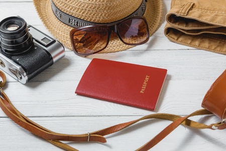 Traveler Items Vacation Travel Accessories Holiday Long Weekend Travelling Stuff Equipment Background Conceptの写真素材