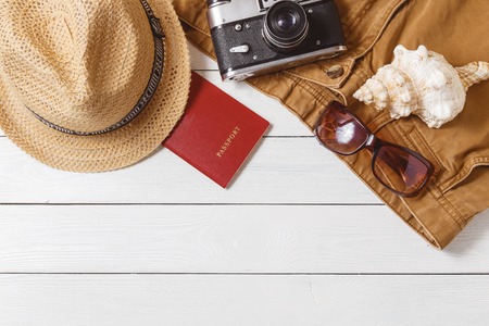 Traveler Items Vacation Accessories Holiday Long Weekend Stuff Equipment Background Top View Concept with Copyspaceの写真素材