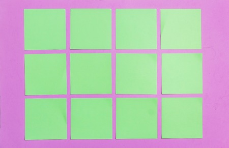 Stationary, Blank Green Sticker on Lilac Board. Flat Lay. Top View. Time-management, Planning.