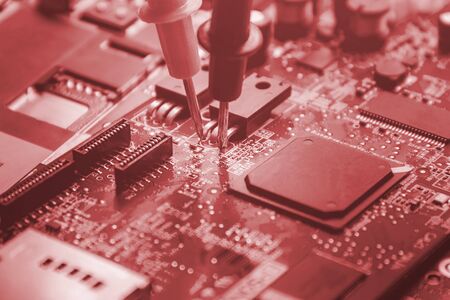 Printed Circuit Board with many electrical componentsの写真素材