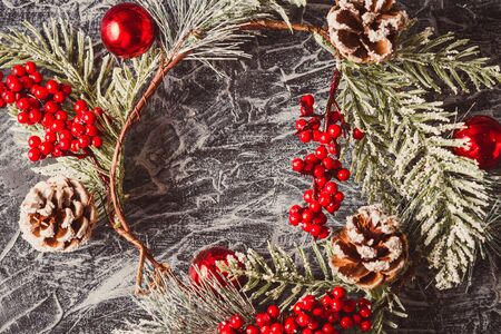 christmas wreath on concrete background. Christmas decor self made.の写真素材