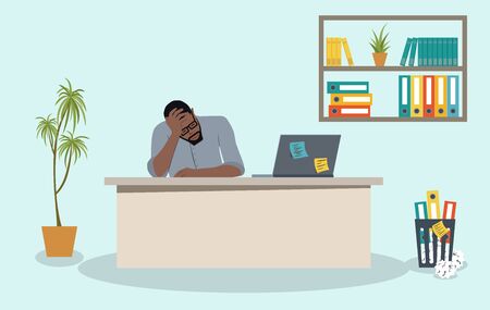 Office workplace with table, bookcase. Business man or a clerk working at his office desk. Flat vector illustrationのイラスト素材