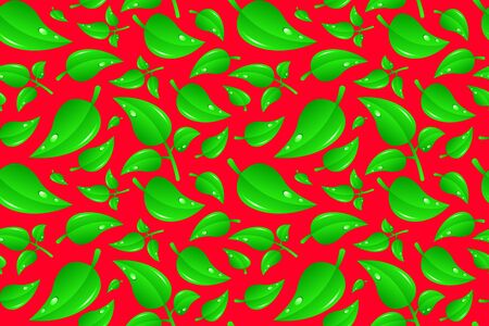 seamless pattern of green stylized leaf on red backdrop. Vector illustration, leaf background pattern.のイラスト素材