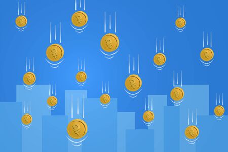falling Russian ruble coins for financial crisis concept. city silhouette on background. Vector illustration.のイラスト素材