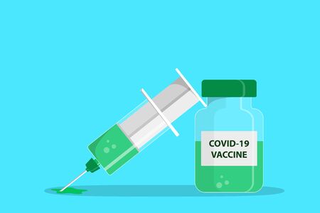 Syringe and vaccine set of medical tools for coronavirus vaccination. COVID-19 vaccine. Flat vector illustration.のイラスト素材