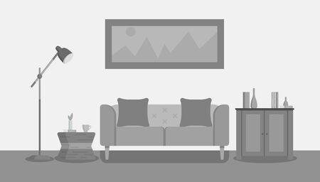 living room in gray for web site, print, poster, presentation. Home interior flalt design illustrationのイラスト素材