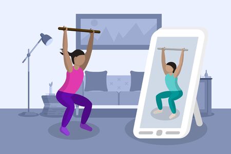 Self-quarantine concept. Sports at home online during an outbreak of the COVID-19 virus. girl goes in for sports at homeのイラスト素材