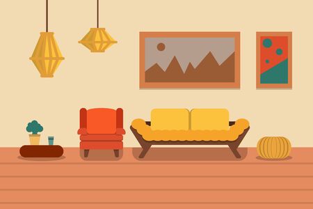 Colorful living room with furniture. Template for background, poster, banner Stock vector illustration. Flat style.のイラスト素材