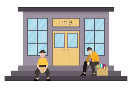 Concept of unemployment, crisis, jobless and employee job reduction. Dismissed frustrated man sitting near a box with his things. Flat design, vector illustration.のイラスト素材