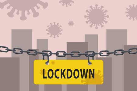 Virus lockdown chain barrier over city silhouette. Pandemic Biohazard warning. Stock vector...