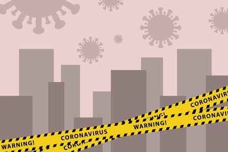 Yellow virus lockdown barrier tape over city silhouette. Pandemic. Biohazard warning sign. Stock vector illustration.のイラスト素材