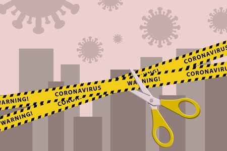 Concepts of open lockdown after pandemic outbreak. Torn yellow tape with scissors over city. Stock vector illustrationのイラスト素材