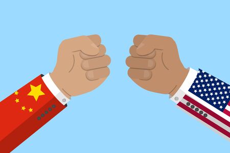 China and USA trade war, business and economics conflict. fist with chinese and american flag. Stock vector illustrationのイラスト素材