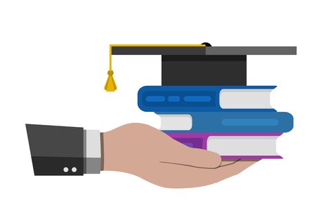 Hand hold book stack and square academic cap isolated on white. Knowledge, education flat concept. Stock vector illustration.のイラスト素材