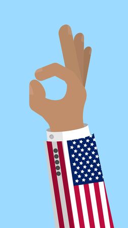 OK sign finger gesture with flag of USA, gesture of approval, meaning Like, Stock vector illustration in flat design.のイラスト素材