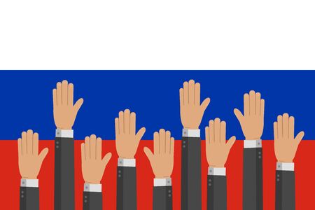 Raised up hands on russian flag vector illustration. Teamwork, collaboration, voting, volunteering concert.のイラスト素材