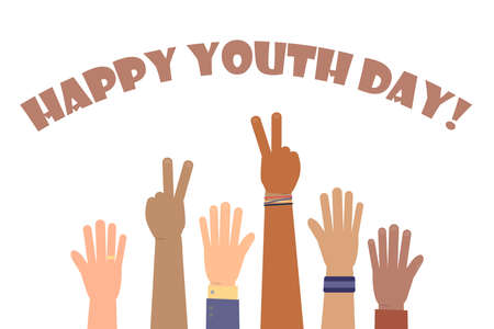 Happy Youth Day greeting card of diverse color hands and text quote. Colorful young people group. vector illustration.のイラスト素材