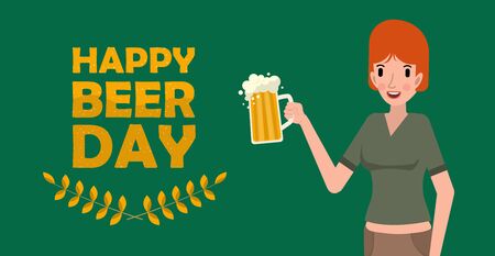 Cute woman holding mug of beer. Happy international beer day concept on green background. Flat vector illustration.のイラスト素材
