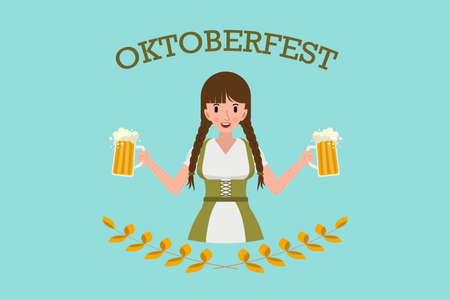 Pretty girl with mugs of beer, Oktoberfest logo design with space for text, invitation. Flat stock vector illustrationのイラスト素材