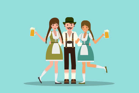 Man and women hugging and celebrating oktoberfest with a big glass of beer. Vector illustration in flat design.のイラスト素材