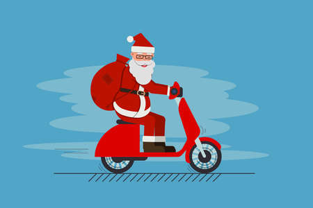 Funny cute Santa Claus riding on scooter with bag full of gifts. Merry Christmas and a Happy New Year greeting.のイラスト素材