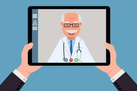 Doctor online on tablet computer. Distant medical consultation. New medicine technologies. Vector illustration, flat.のイラスト素材