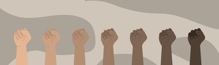 Concept of unity, revolution, fight, cooperation. Multiracial fists hands up vector illustration. Flat design.のイラスト素材