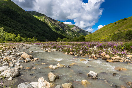 Beautiful sunny day is in Caucasus mountains. Upper Svaneti. Georgiaの写真素材
